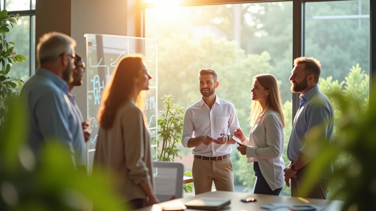 Team of diverse Rhythym Bloom professionals in a collaborative, sunlit modern office, conceptualizing wellness technology.