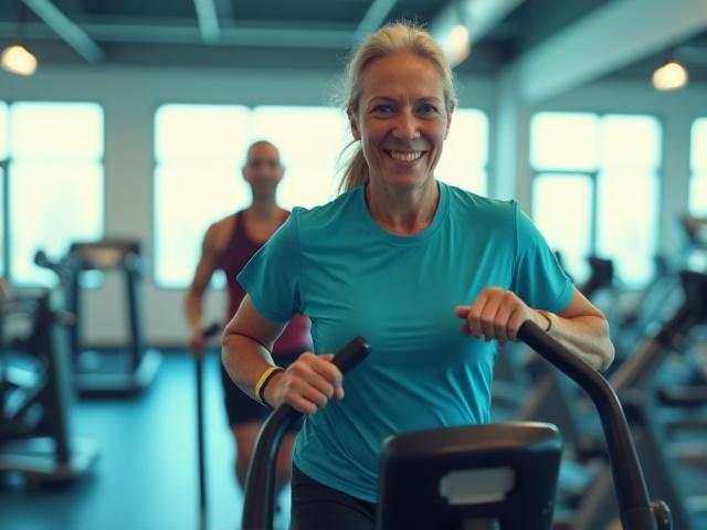 An active older adult engaged in moderate cardio exercise in a bright, modern gym setting.