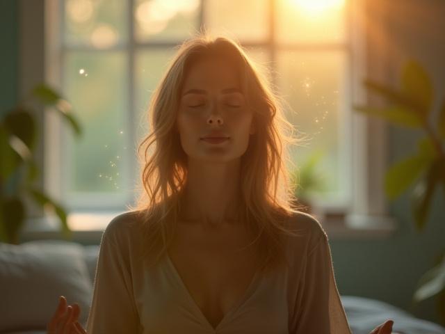 A serene person meditating in the soft morning light, surrounded by subtle digital wellness visualizations.