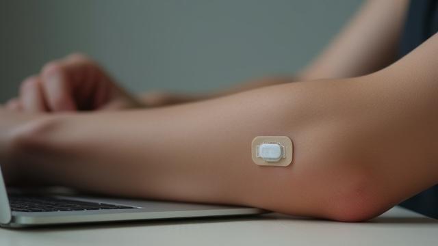 A discreet continuous glucose monitor (CGM) sensor patch on an arm, indicating precision health tracking.