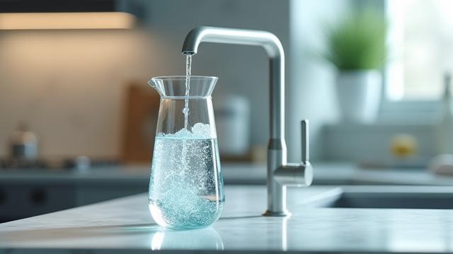 A sleek, counter-top advanced water purifier with a glass carafe, emphasizing clean hydration.