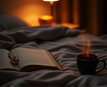 Cozy bedroom with dim lighting, open book, and herbal tea cup on a nightstand.