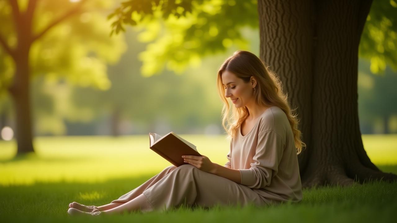 A serene woman reading a physical book under a tree, bathed in natural light, representing peace and analog connection.